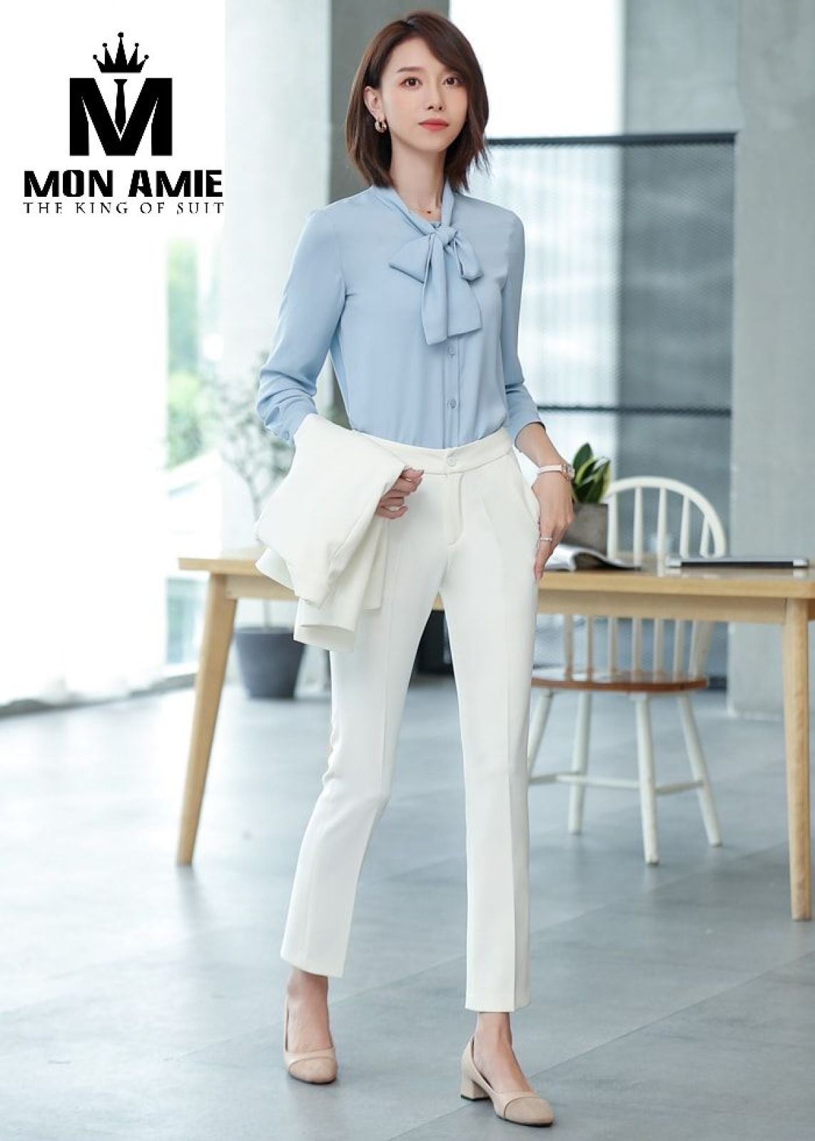 Blue Pastel Bowtie Silk Collar Shirt 